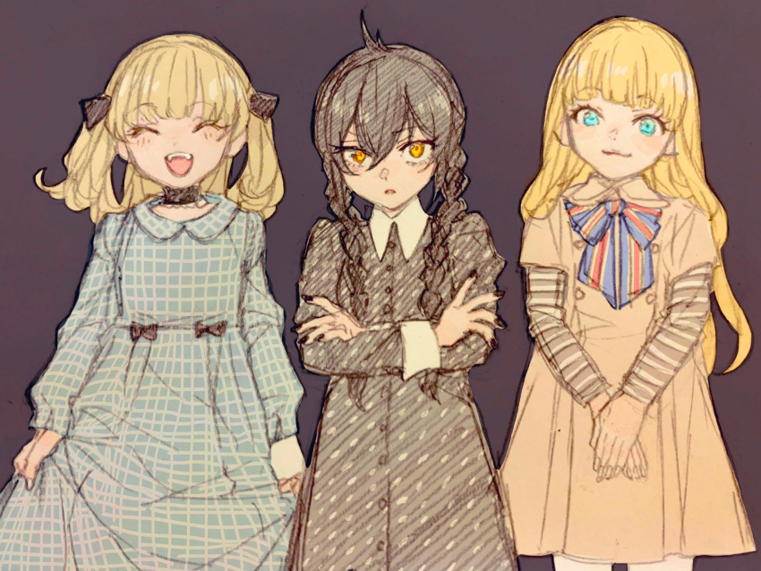 3girls, addams_family, blue_eyes, bow, bowtie, braid, closed_eyes, collared_dress