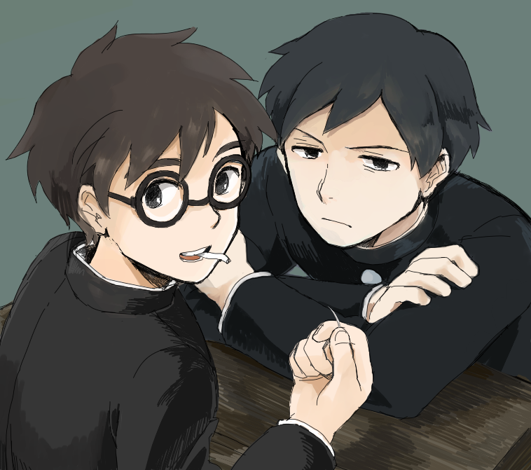 2boys, black-framed_eyewear, black_eyes, black_hair, black_jacket, brown_hair, cigarette, closed_mouth