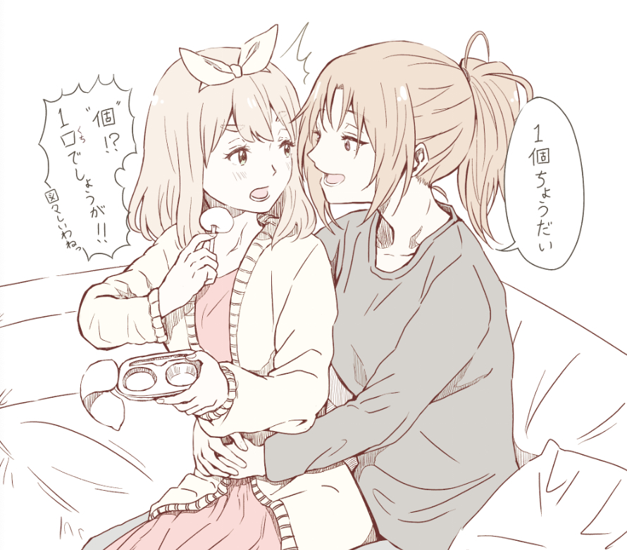 2girls, black_shirt, bow, commentary_request, couch, curryisfriend, dress, eye_contact