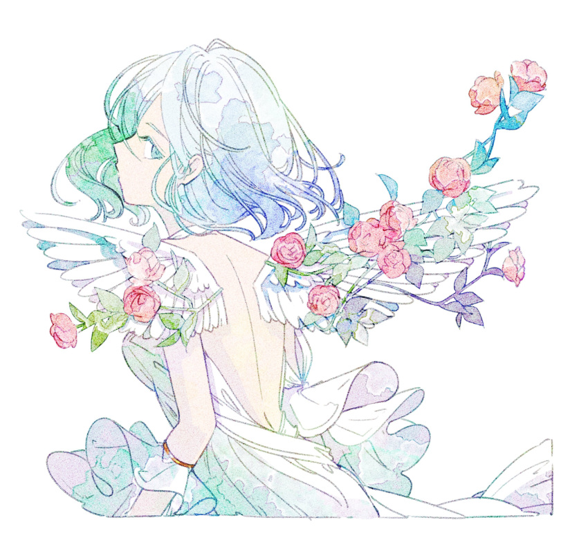 1girl, absurdres, aqua_eyes, bare_back, commentary_request, cropped_torso, dress, feathered_wings, flower, halter_dress, halterneck, highres, kazamati_soyoka, leaf, looking_at_viewer, original, pink_flower, profile, short_hair, sideways_glance, simple_background, solo, white_background, white_dress, white_wings, wings