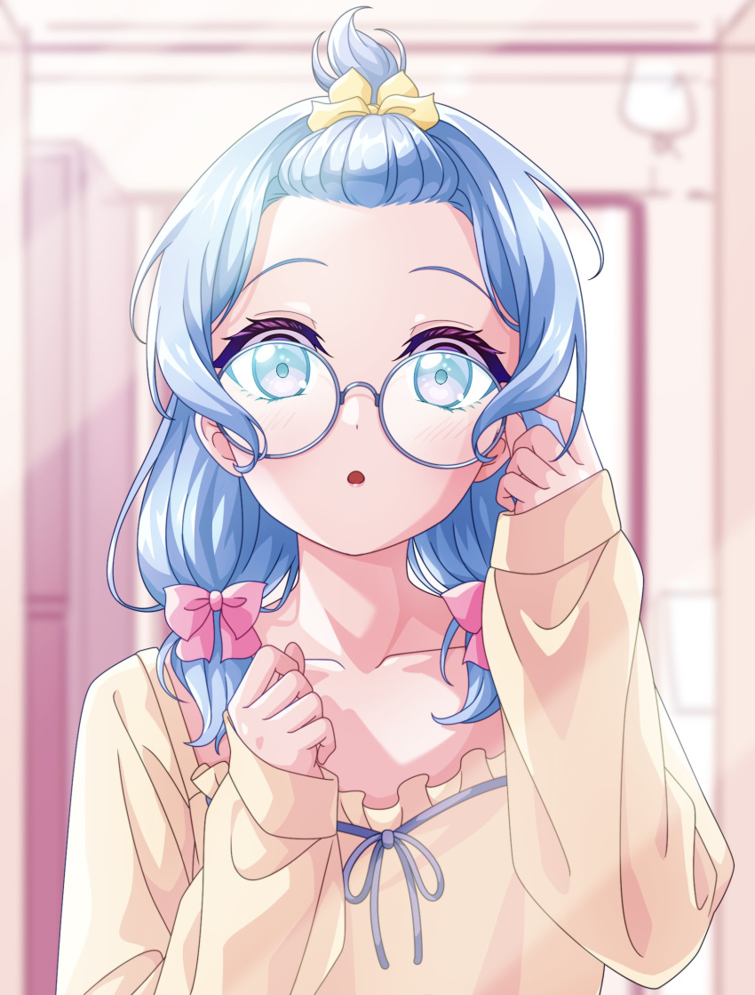 1girl, :o, alternate_hairstyle, bang_dream!, blue_hair, blush, flower, glasses, hair_ribbon, highres, light_blue_hair, looking_at_mirror, looking_at_self, matsubara_kanon, mirror, pajamas, pink_ribbon, ribbon, round_eyewear, shirt, solo, sukenine, twintails, violet_eyes, yellow_ribbon, yellow_shirt