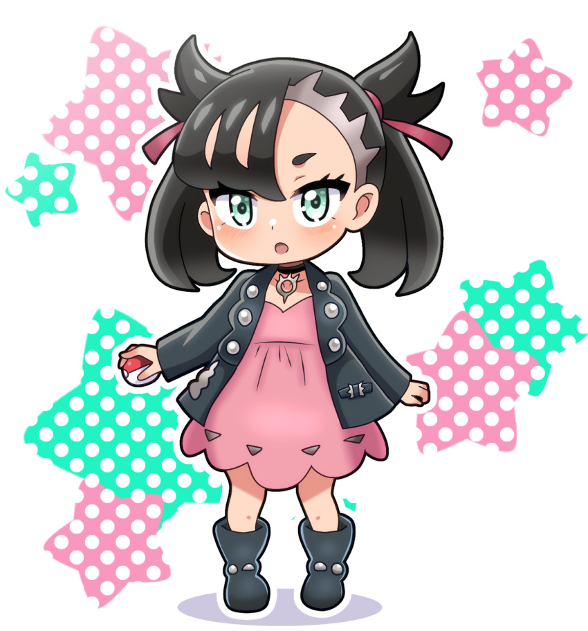 1girl, :o, asymmetrical_bangs, black_footwear, black_hair, black_jacket, blush, boots, chibi, commentary_request, dress, eyelashes, full_body, green_eyes, hair_ribbon, highres, hitokiwa_kenchin, holding, holding_poke_ball, jacket, long_sleeves, looking_at_viewer, marnie_(pokemon), open_clothes, open_jacket, open_mouth, pink_dress, poke_ball, poke_ball_(basic), pokemon, pokemon_swsh, ribbon, solo, standing, twintails