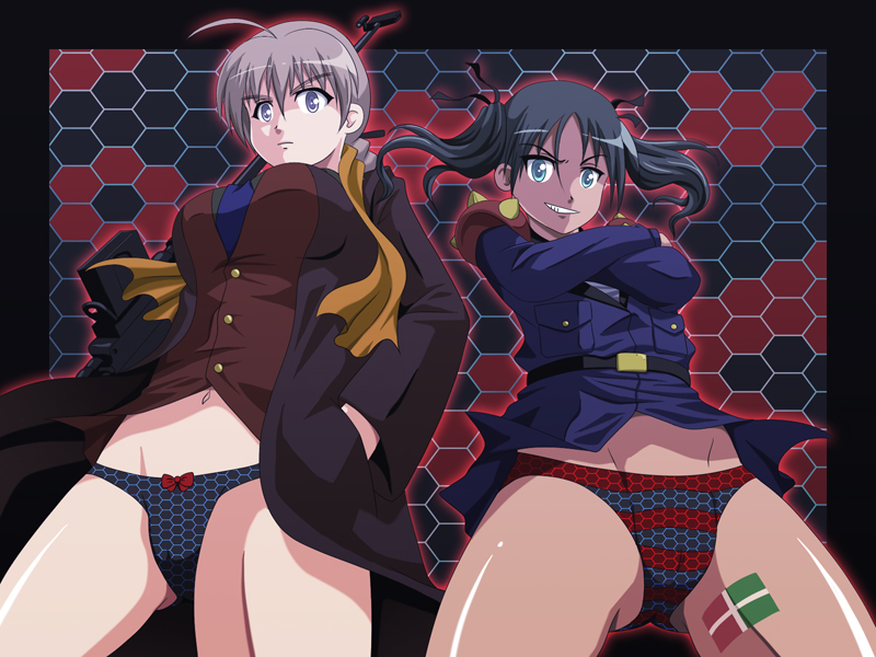 2girls, flag, francesca_lucchini, gun, lynette_bishop, multiple_girls, panties, strike_witches