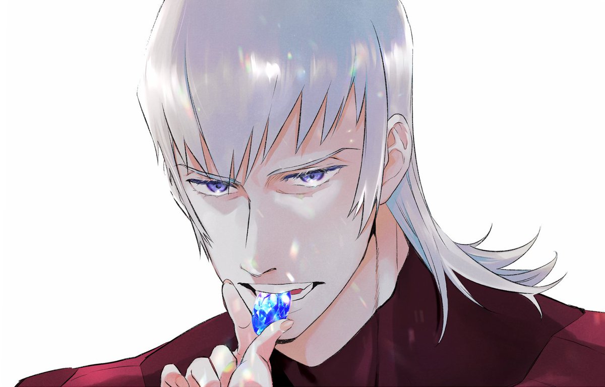1boy, archived_source, biting, blue_eyes, blue_gemstone, gem, grey_hair, kakkoaki