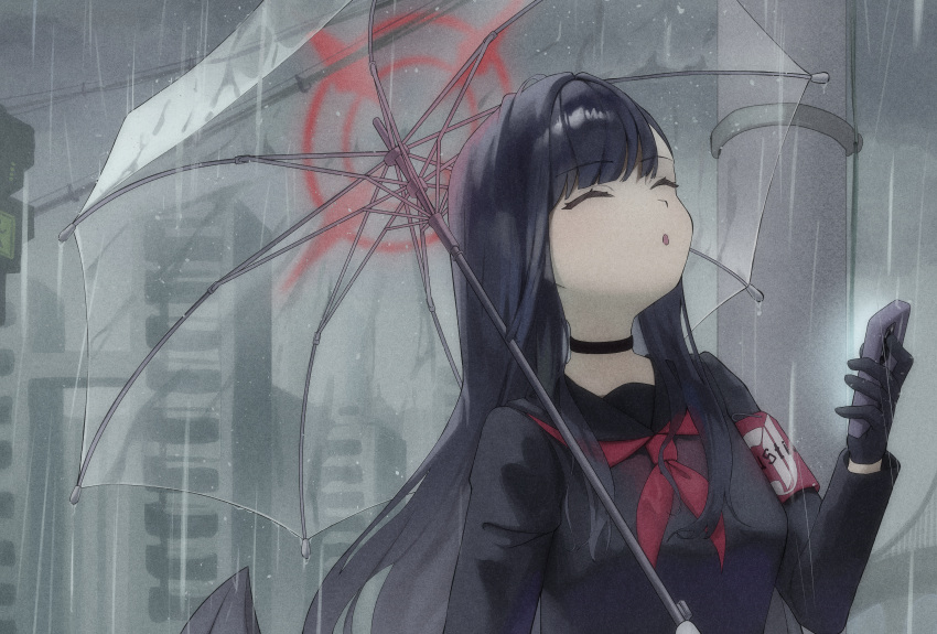 1girl, absurdres, black_choker, black_gloves, black_hair, black_sailor_collar, black_wings, blue_archive, breasts, cellphone, choker, closed_eyes, gloves, halo, highres, holding, holding_phone, holding_umbrella, ichika_(blue_archive), kenka_(user_hrjm2543), long_hair, long_sleeves, medium_breasts, neckerchief, open_mouth, outdoors, phone, rain, red_halo, red_neckerchief, sailor_collar, smartphone, solo, umbrella, upper_body, wings