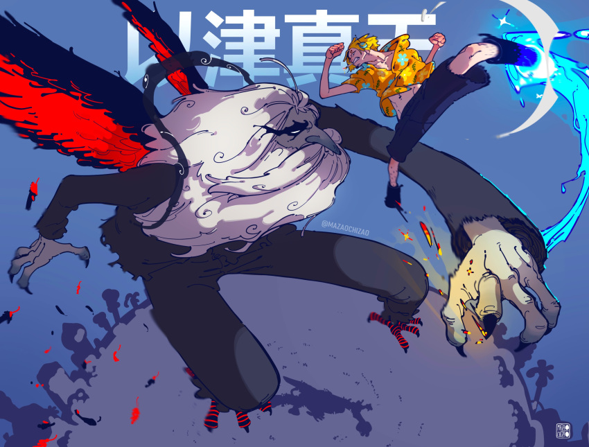 2boys, alternate_form, artist_name, beard, bird_legs, black_shirt, blonde_hair, claws