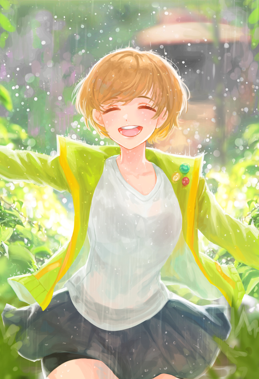 1girl, badge, bike_shorts, black_skirt, brown_eyes, highres, houndstooth, jojcachu, juvenile, light_brown_hair, persona, persona_4, rain, satonaka_chie, shirt, short_hair, skirt, solo, teenage, tomboy, tongue, wet, wet_clothes, wet_shirt, white_shirt, young