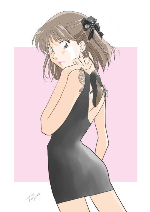 1girl, alternate_costume, anice_farm, back_cutout, bare_shoulders, black_bow, black_dress, black_footwear