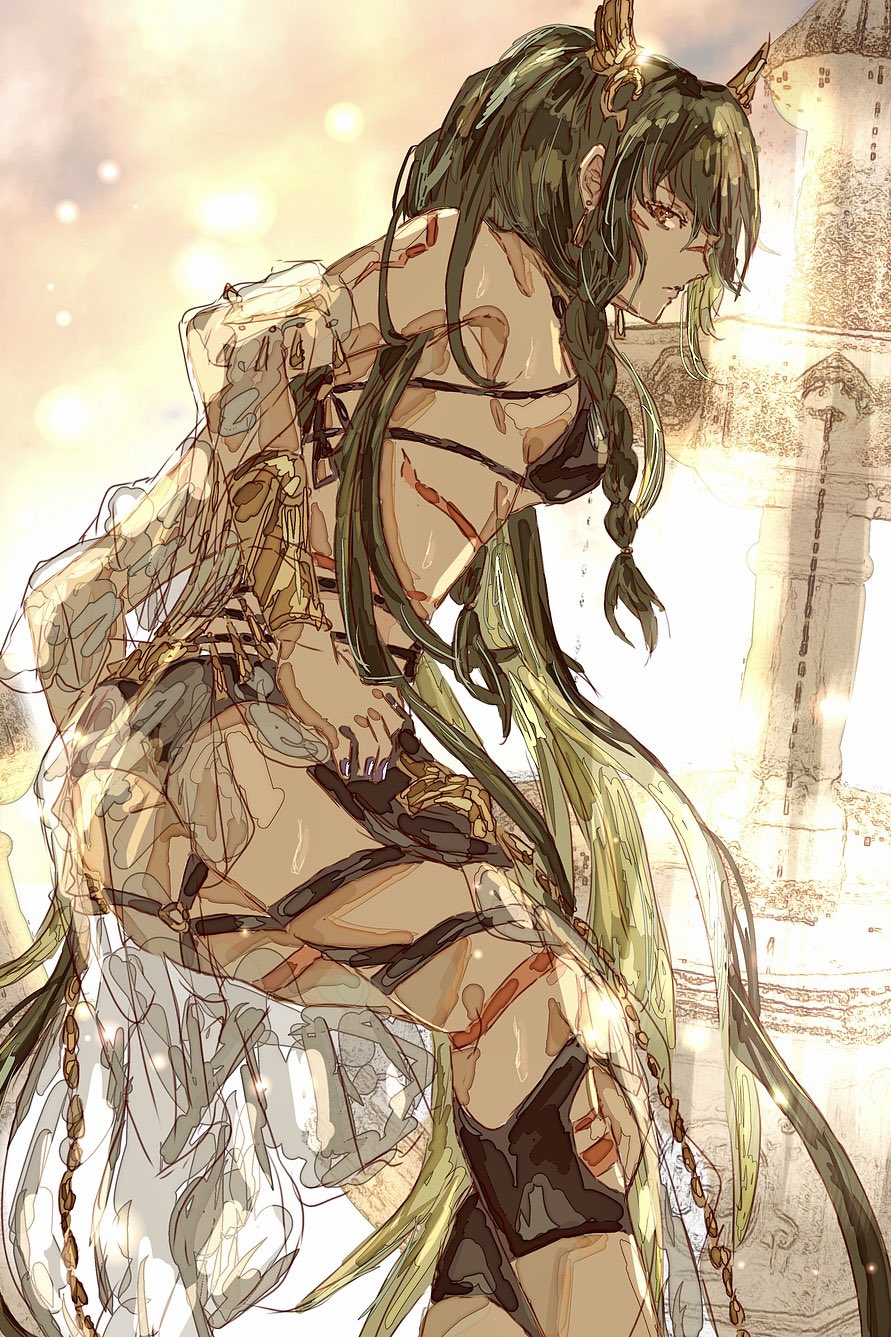 bikini, black_bikini, body_markings, braid, breasts, brown_eyes, dark-skinned_female, dark_skin, granblue_fantasy, green_hair, highres, horus_(granblue_fantasy), muramitsu_(d3jgv), swimsuit