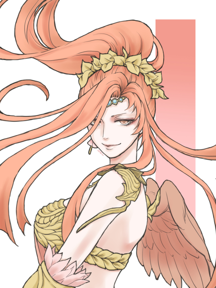 1girl, azeyma, bandeau, circlet, commentary_request, earrings, feather_trim, feathered_wings