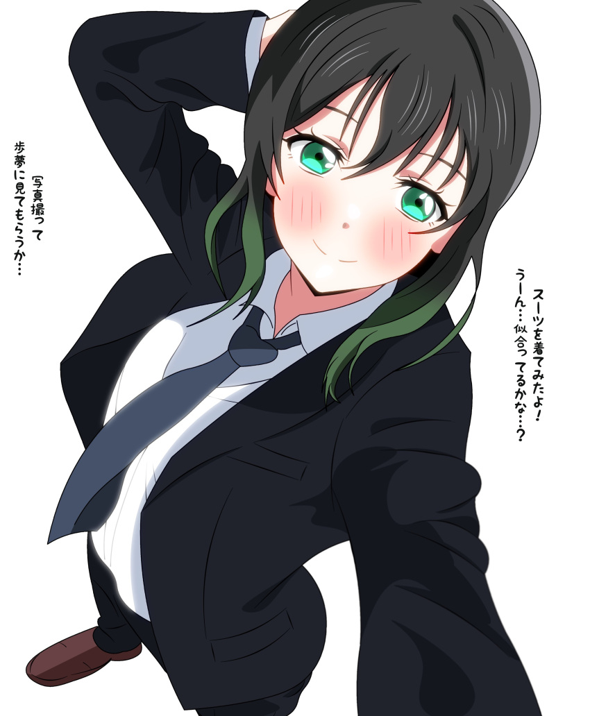 1girl, absurdres, arm_behind_head, black_hair, black_jacket, black_necktie, black_suit, blush