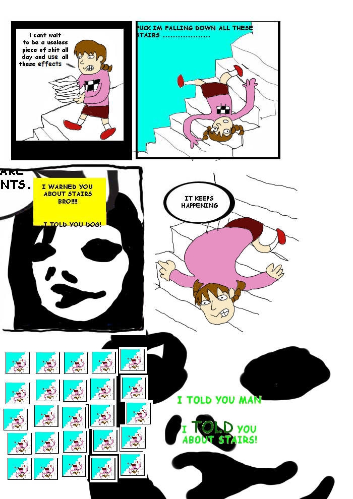 comic, error, falling, homestuck, jpeg_artifacts, madotsuki, parody, stairs, sweet_bro_and_hella_jeff, tripping, uboa, yume_nikki