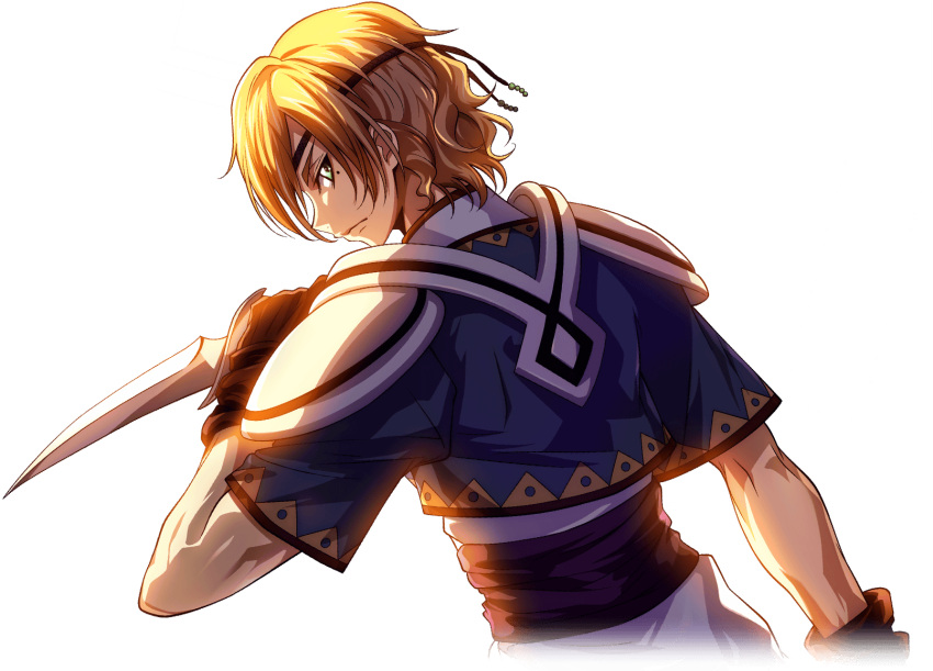 1boy, arm_at_side, armor, artist_request, backlighting, blonde_hair, blue_shirt, brown_gloves