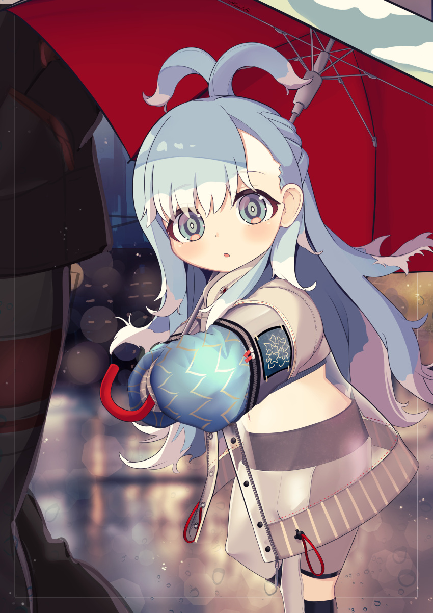 1girl, 1other, absurdres, aged_down, bike_shorts, blue_eyes, blue_hair, blue_sleeves