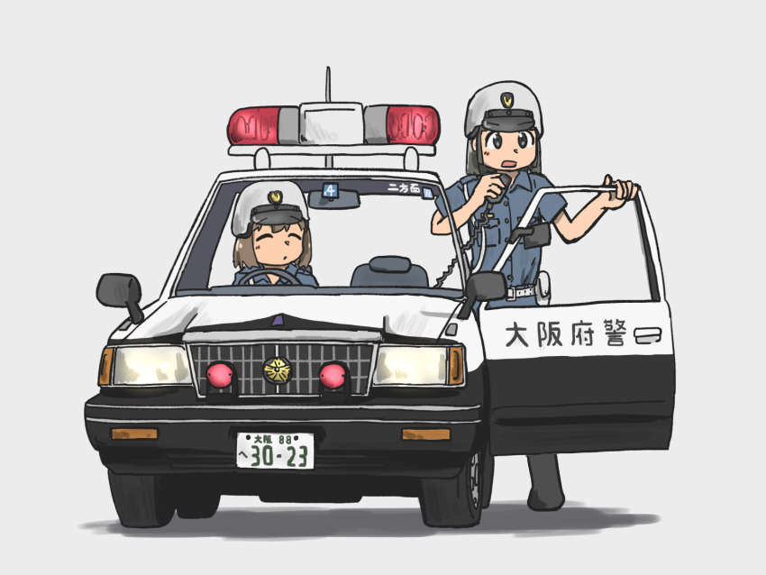2girls, blue_shirt, car, grey_background, grey_hair, helmet, highres, holding