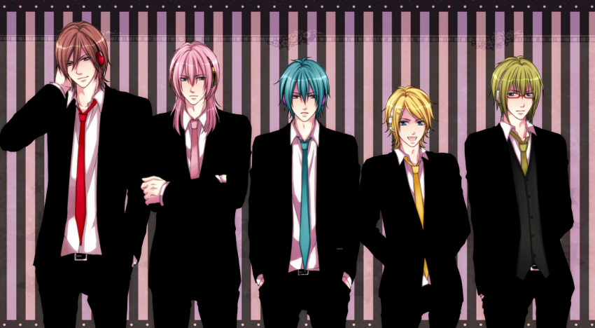 formal, genderswap, glasses, gumi, gumiya, hatsune_miku, hatsune_mikuo, headphones