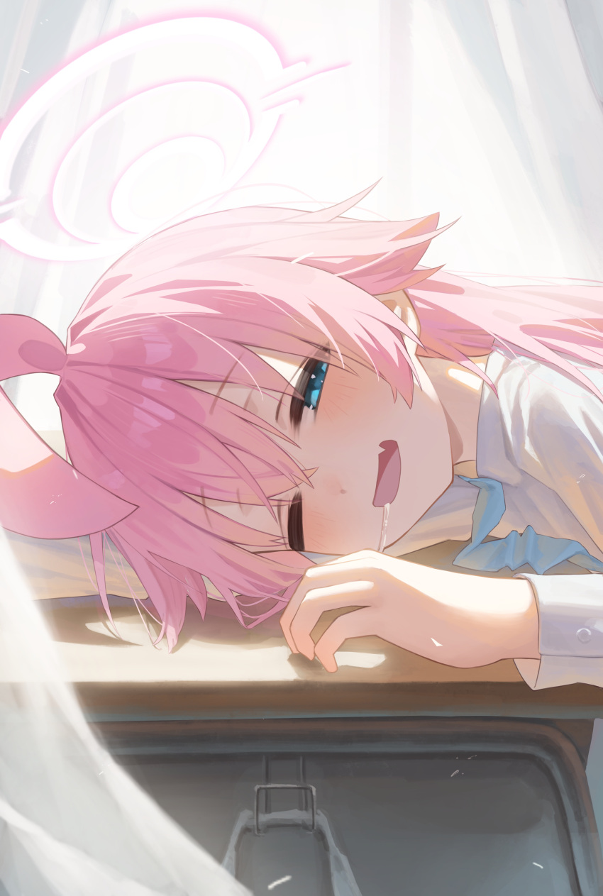 1girl, absurdres, ahoge, blue_archive, blue_eyes, blue_necktie, blush, collared_shirt