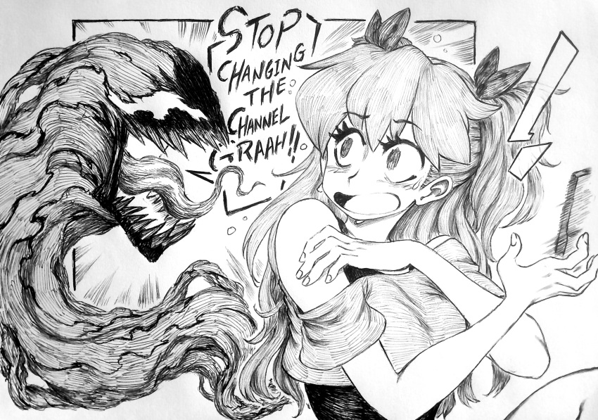 1girl, absurdres, chronozbergh, commentary, crossover, english_commentary, english_text, greyscale