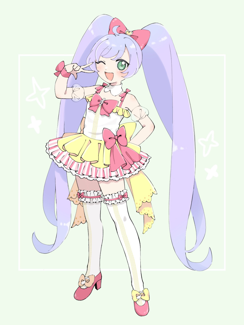1girl, ;d, absurdres, ahoge, bow, commentary_request, detached_sleeves, dress