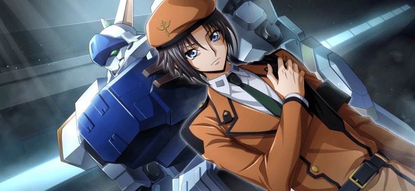 1boy, arm_at_side, armband, aroundight_(code_geass), artist_request, belt, beret, black_hair, blue_eyes, buttons, closed_mouth, code_geass, code_geass:_lost_stories, collared_shirt, dutch_angle, game_cg, green_eyes, green_necktie, hand_on_own_chest, hand_up, hat, highres, indoors, jacket, light_particles, light_rays, long_sleeves, male_focus, mario_disel, mecha, necktie, non-web_source, official_art, orange_hat, orange_jacket, robot, serious, shirt, short_hair, sidelocks, solo, standing, upper_body, v-shaped_eyebrows, white_shirt