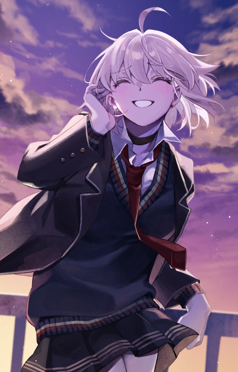 1girl, adjusting_hair, ahoge, armrest, black_choker, black_jacket, blazer, choker, closed_eyes, commentary_request, earrings, fate/grand_order, fate_(series), grey_skirt, grey_sweater, jacket, jeanne_d'arc_alter_(fate), jewelry, lapels, long_sleeves, necktie, official_alternate_costume, pleated_skirt, railing, red_necktie, sausu_hitori, school_uniform, short_hair, skirt, smile, solo, stud_earrings, sweater, twilight, v-neck, white_hair