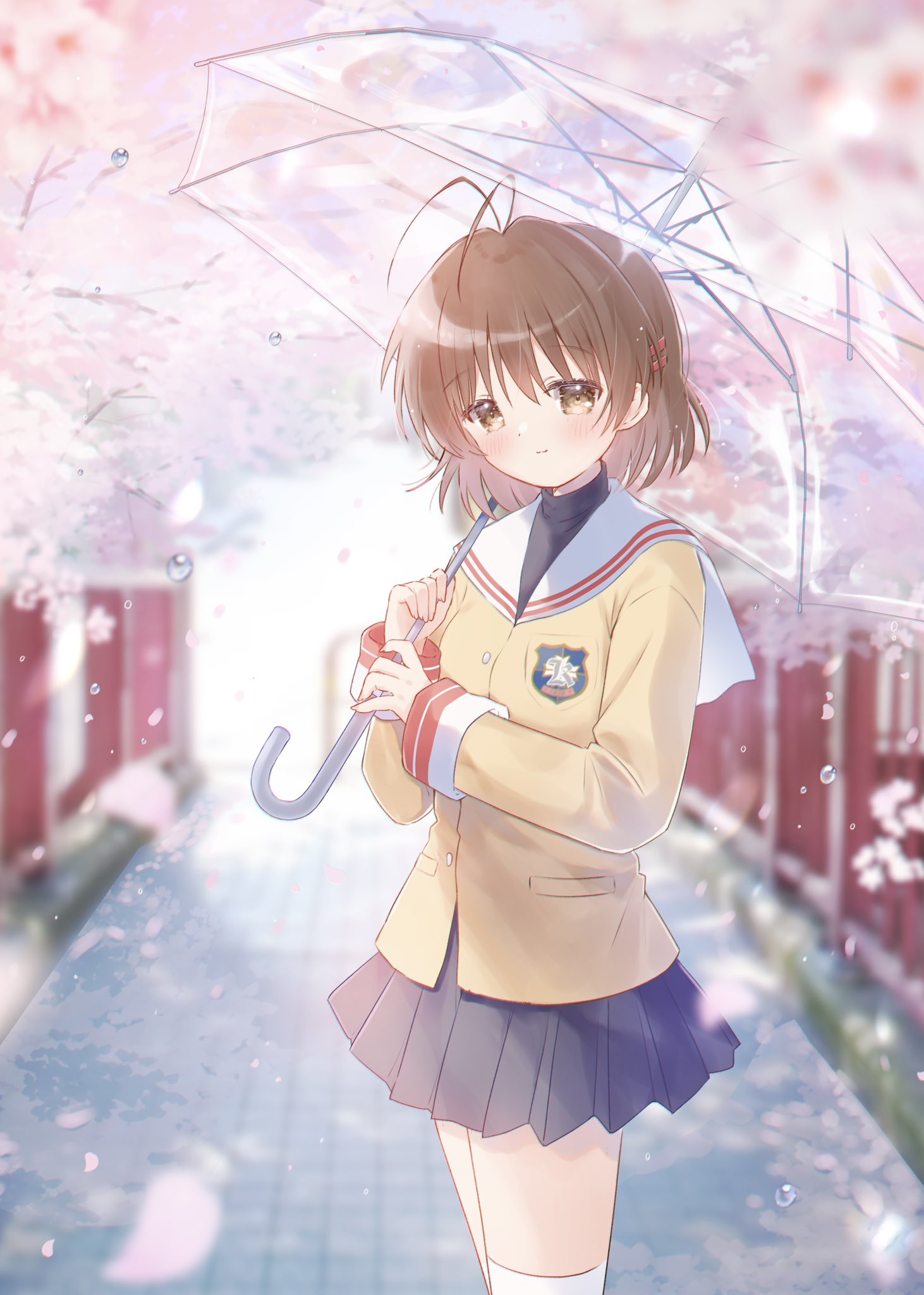 1girl, antenna_hair, blazer, blue_skirt, blurry, blurry_background, blush, brown_eyes