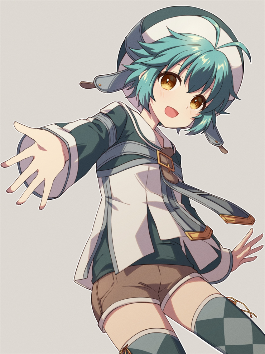1girl, :d, antenna_hair, argyle_clothes, argyle_thighhighs, arm_at_side, beret, blue_hair