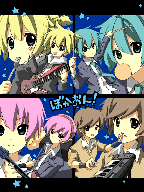 drum, genderswap, guitar, hatsune_miku, hatsune_mikuo, instrument, k-on!, kagamine_len