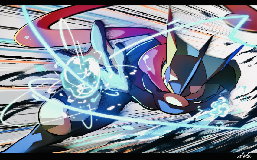 aobi_3814, blue_skin, colored_skin, fins, foot_out_of_frame, frog, greninja, head_fins