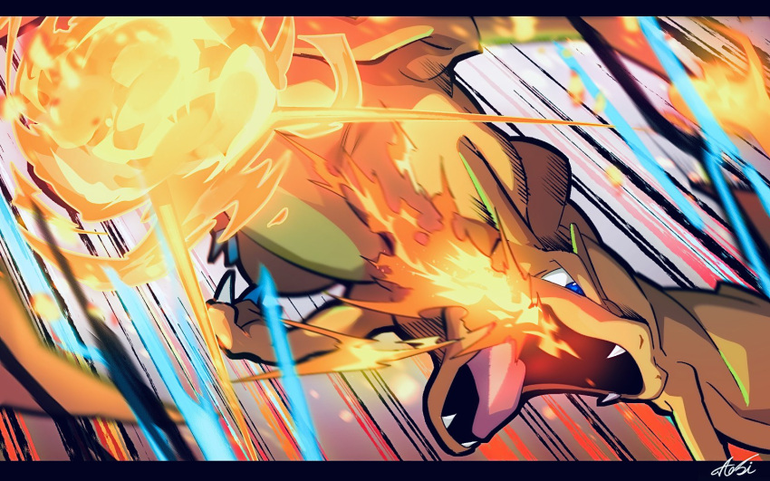 aobi_3814, blue_eyes, breath_weapon, breathing_fire, charizard, claws, colored_skin, fangs
