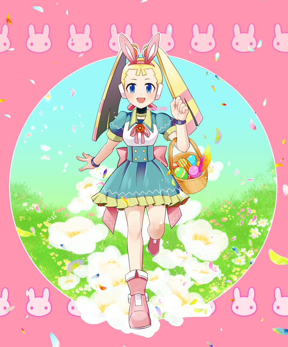 1girl, android, animal_ears, basket, blonde_hair, blue_eyes, boots, character_request