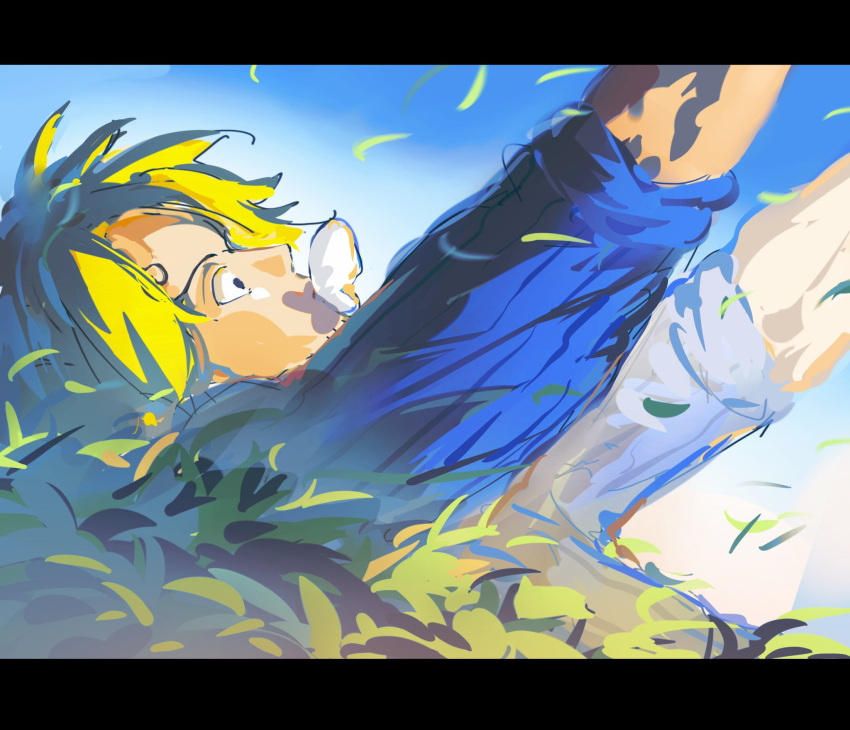 1boy, arms_up, blonde_hair, blue_shirt, bug, butterfly, butterfly_on_mouth, commentary