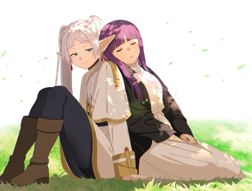 2girls, capelet, closed_eyes, dress, earrings, elf, fern_(sousou_no_frieren), frieren
