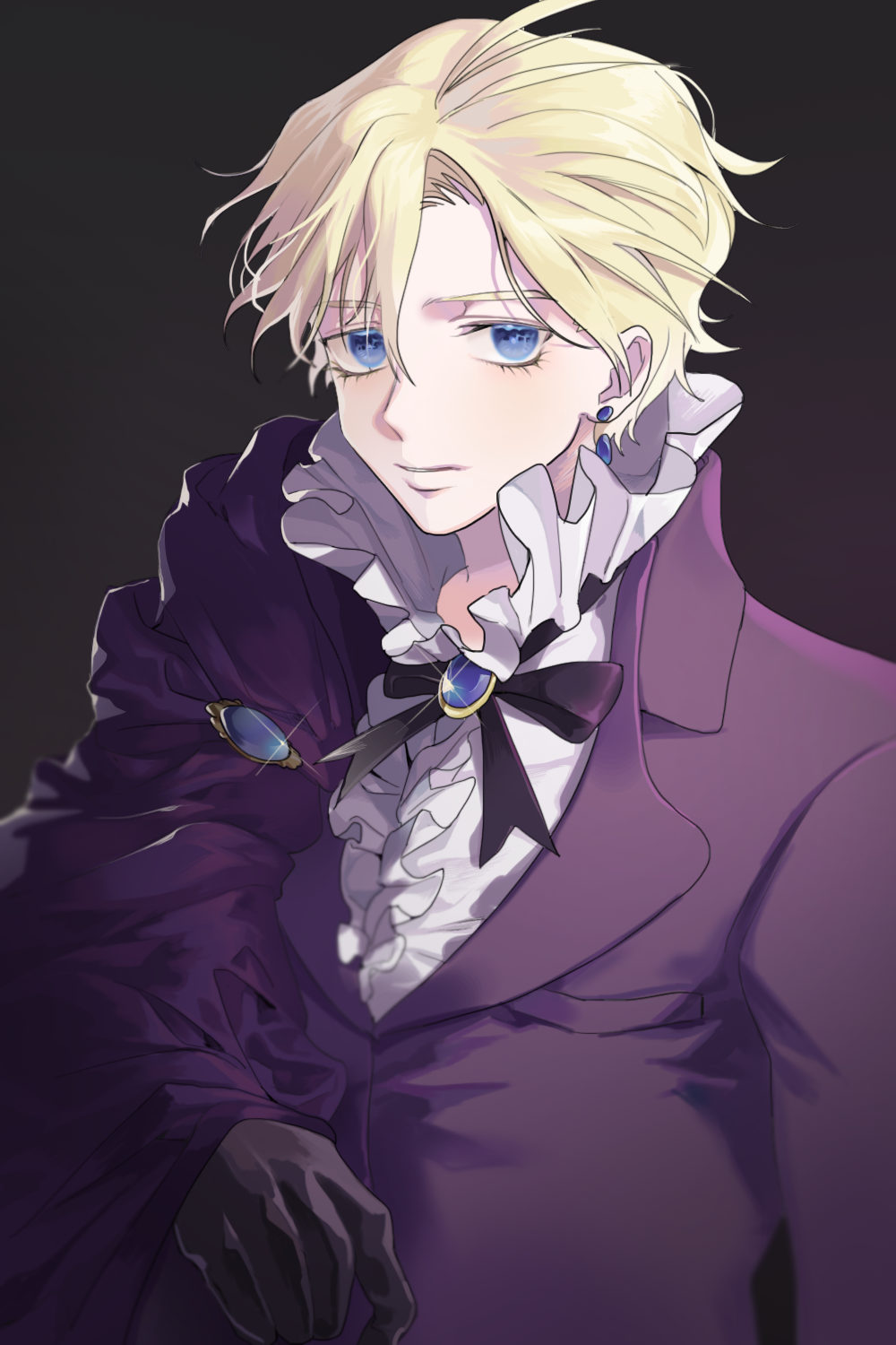 1boy, black_background, black_cape, black_gloves, black_ribbon, blonde_hair, blue_eyes, cape