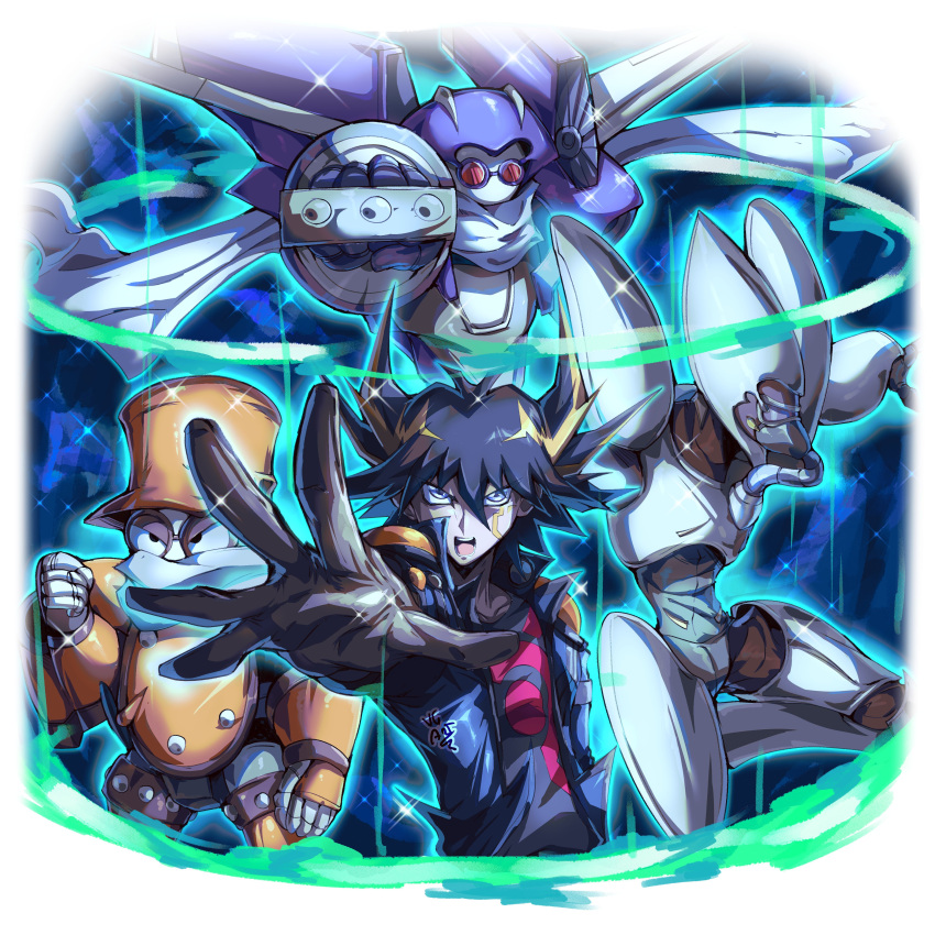 4boys, absurdres, armor, black_hair, black_shirt, blonde_hair, blue_armor, blue_jacket