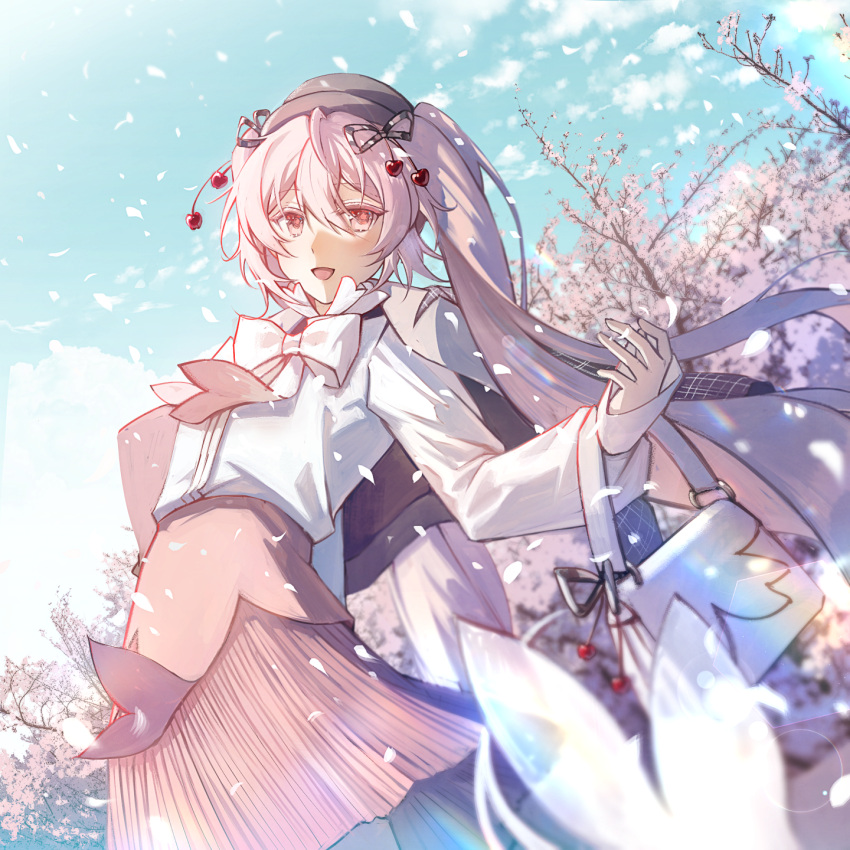 1girl, bag, bow, bowler_hat, bowtie, cherry_blossoms, cherry_hair_ornament, commentary
