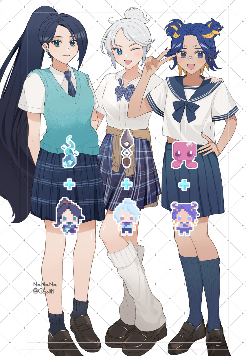 3girls, absurdres, alternate_costume, animification, arms_behind_back, black_footwear, blonde_hair, blue_bow