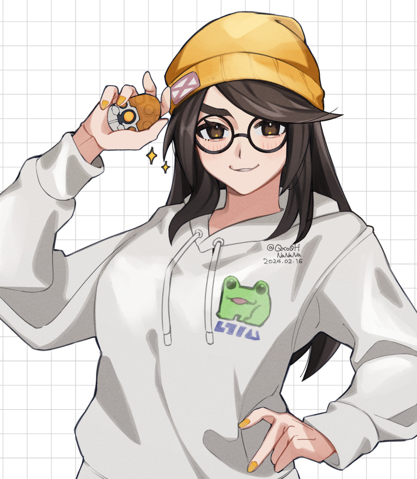 1girl, animification, beanie, blush, breasts, brown_hair, drawstring, explosive