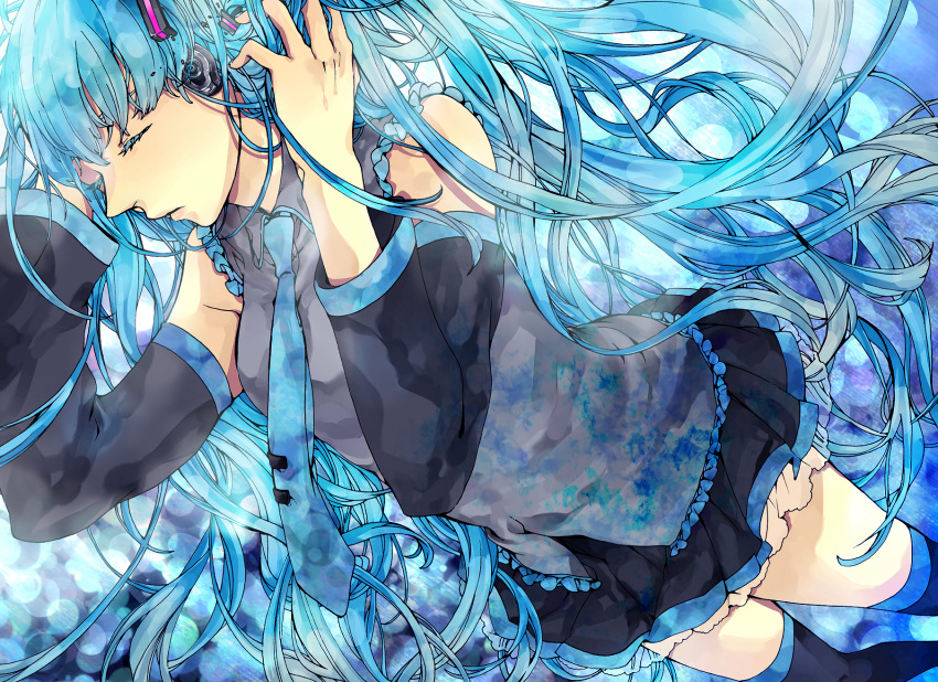aqua_eyes, aqua_hair, closed_eyes, detached_sleeves, hatsune_miku, headphones, highres, long_hair