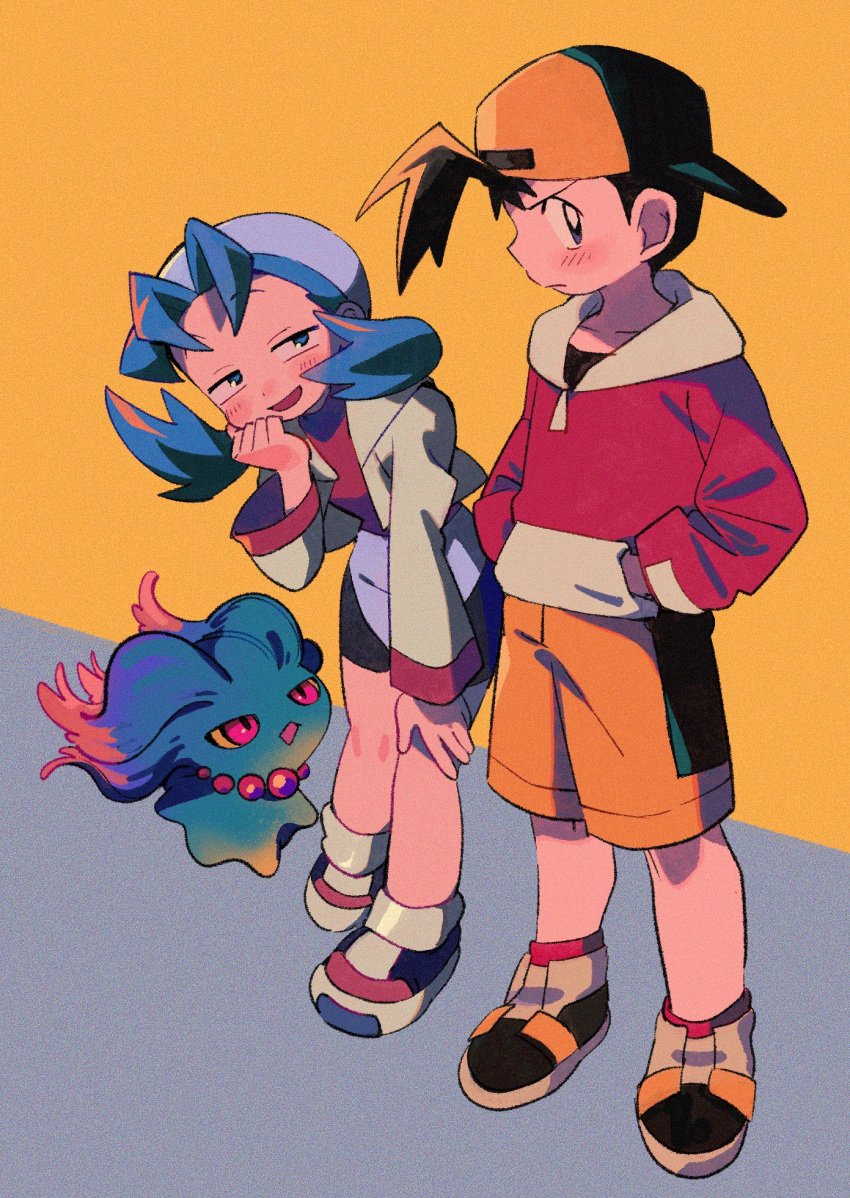 1boy, 1girl, backwards_hat, baseball_cap, bike_shorts, black_hair, blue_eyes, blue_hair