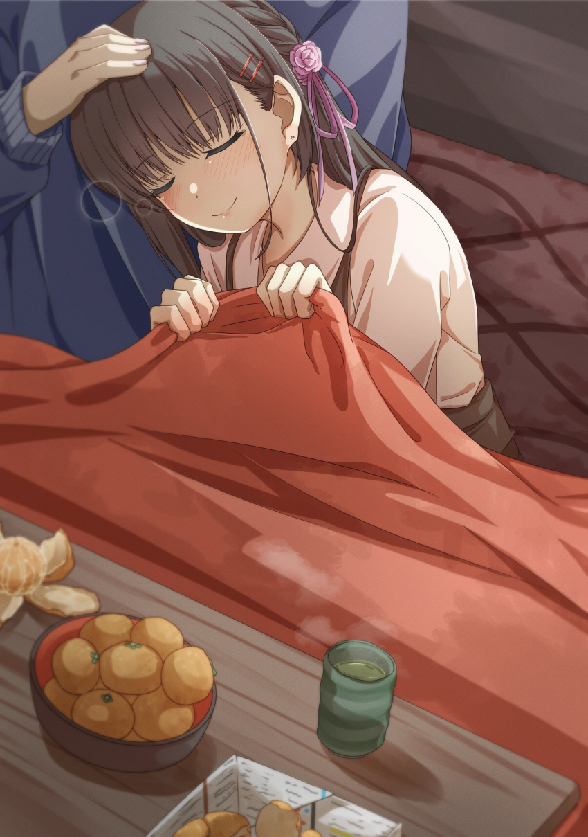 1girl, 1other, absurdres, black_hair, blush, cafe_stella_to_shinigami_no_chou, closed_eyes, closed_mouth, commentary, cup, earrings, flower, food, fruit, hair_behind_ear, hair_between_eyes, hair_flower, hair_ornament, hair_ribbon, hairclip, happy, haribo_no_suke, headpat, highres, hug, indoors, jewelry, kotatsu, long_hair, mandarin_orange, mole, mole_under_eye, pink_flower, pink_ribbon, pink_rose, ribbon, rose, shiki_natsume, shirt, sitting, skirt, smile, solo_focus, split_mouth, steam, straight_hair, stud_earrings, suspender_skirt, suspenders, table, tea, under_kotatsu, under_table, white_shirt