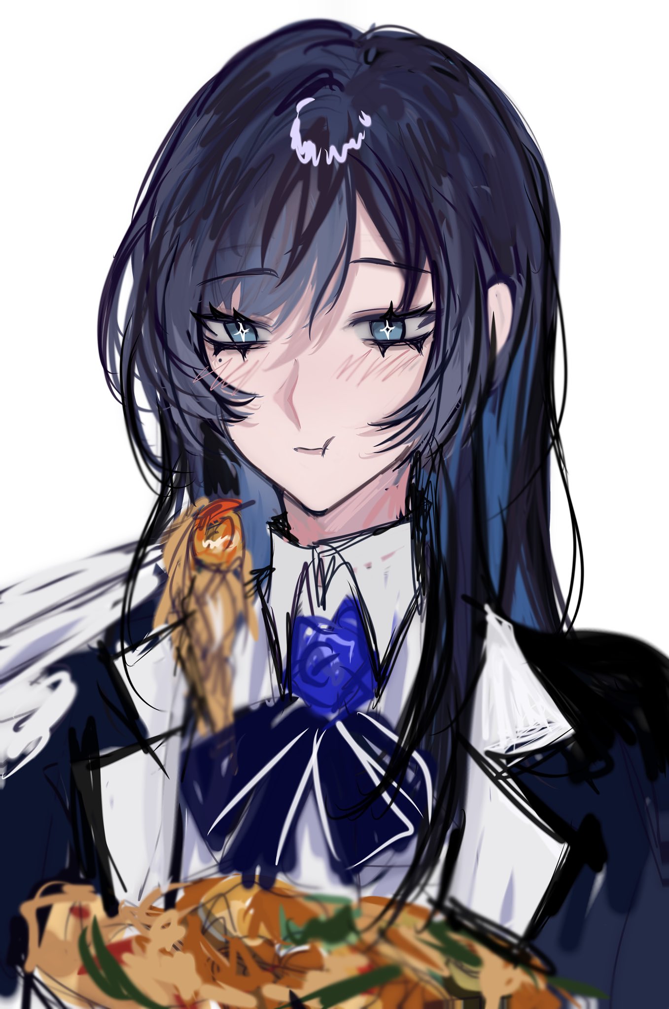 1girl, ado_(utaite), black_bow, black_bowtie, black_hair, blue_eyes, blue_flower, blue_hair