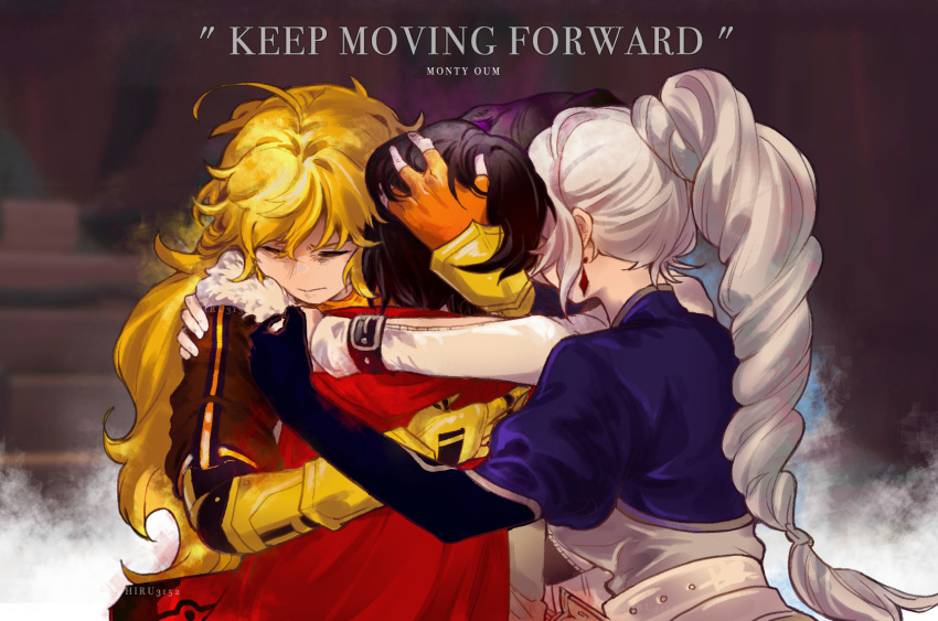 4girls, antenna_hair, artist_name, black_hair, blake_belladonna, blonde_hair, blue_cloak, brown_coat, cape, cloak, closed_eyes, coat, earrings, english_commentary, english_text, group_hug, highres, hiru315, hug, jewelry, long_hair, multiple_girls, ponytail, red_cape, roosterteeth, ruby_rose, rwby, sad, source_quote, weiss_schnee, white_hair, yang_xiao_long