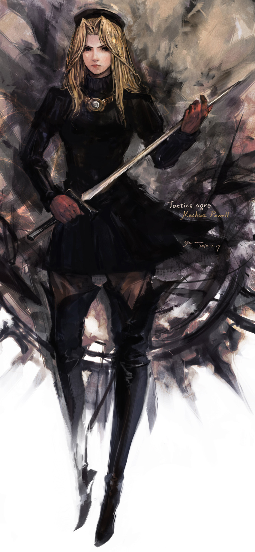 bersalia_oberyth, black_eyes, blonde_hair, catiua_pavel, catiua_powell, globes, gloves, hat, highres, long_hair, opiu, solo, sword, tactics_ogre, weapon