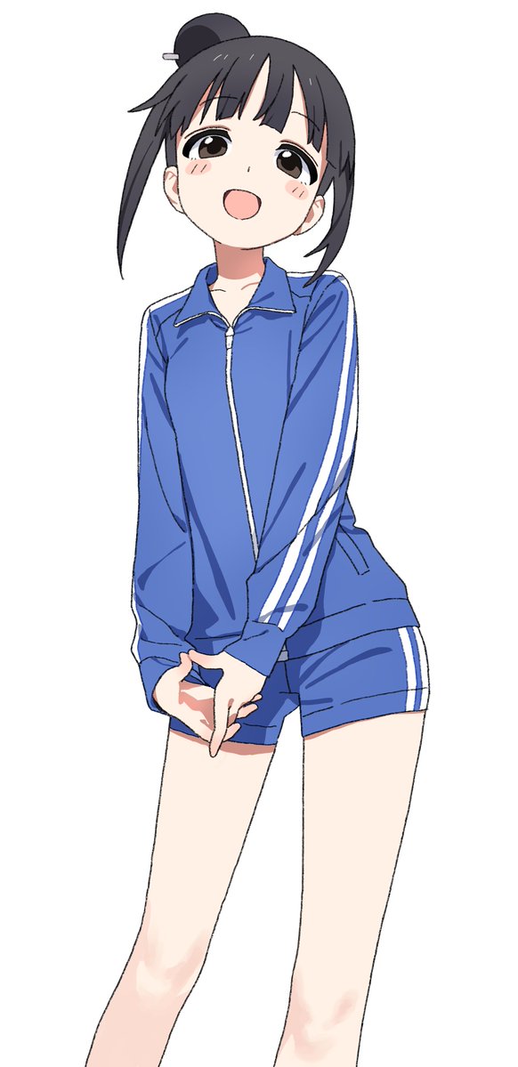 1girl, bare_legs, black_eyes, black_hair, blue_jacket, blue_shorts, blush, blush_stickers