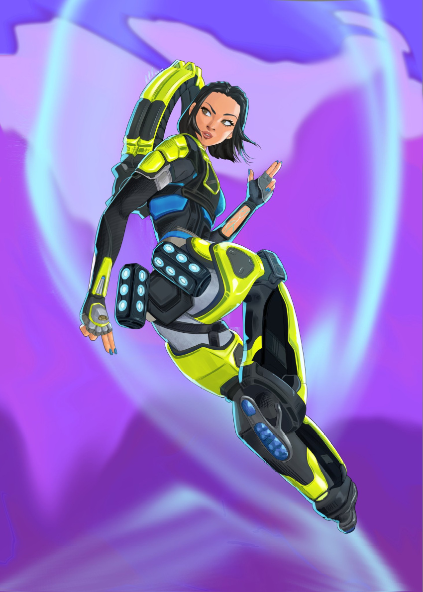 1girl, airborne, apex_legends, black_hair, blue_nails, breasts, brown_eyes, conduit_(apex_legends)