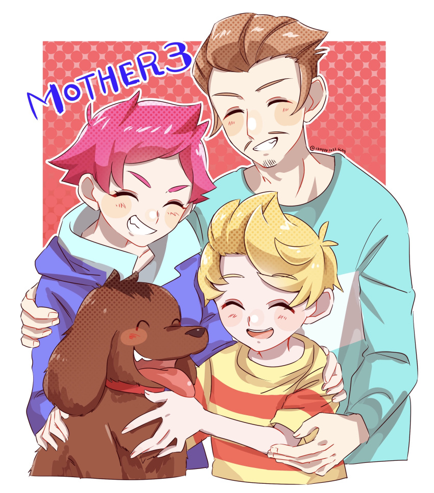 1girl, 2boys, absurdres, blonde_hair, blush, boney, brown_dog, brown_hair