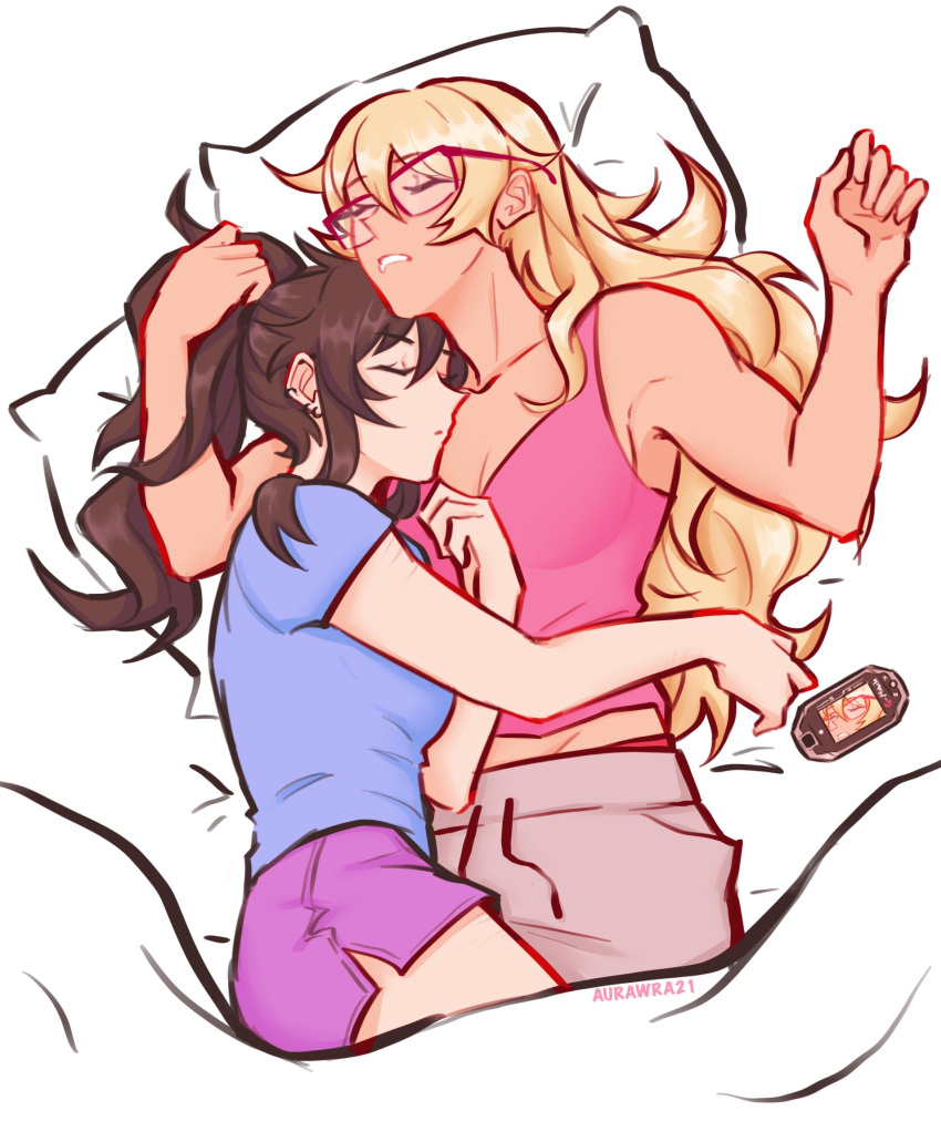 2girls, aurora_(aurawra21), bare_arms, blonde_hair, blue_shirt, brown_hair, class_of_09, closed_eyes