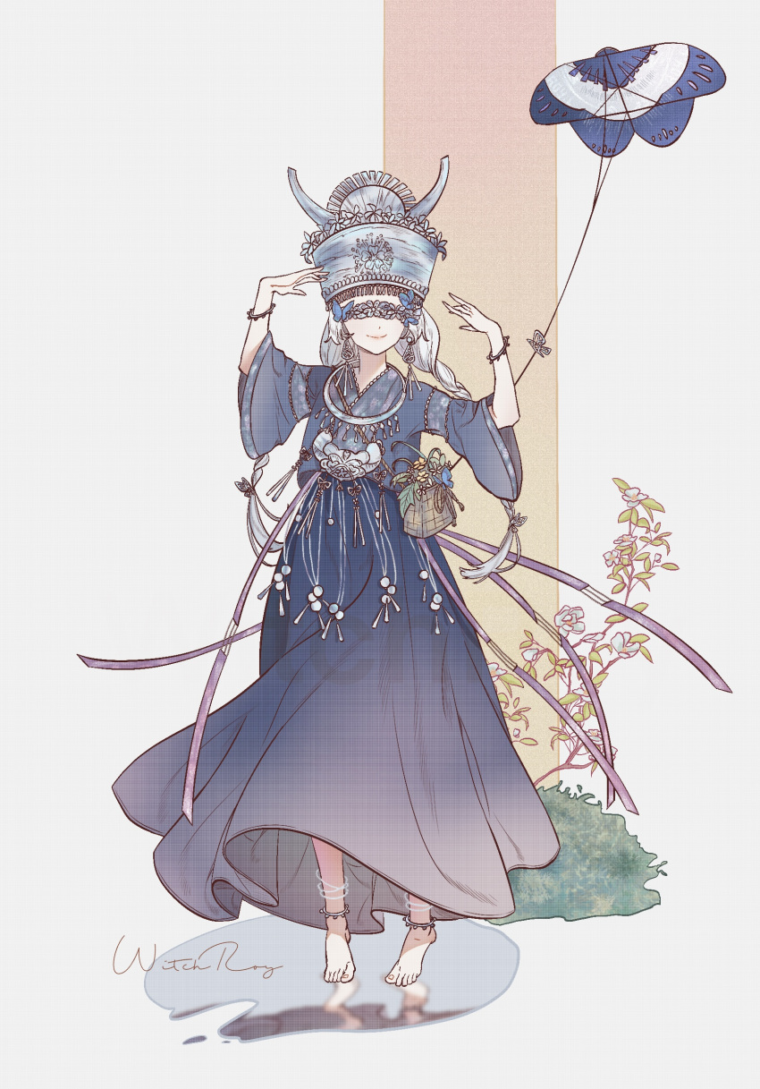 1girl, anklet, balloon_party, barefoot, blue_butterfly, blue_flower, blue_shirt, blue_skirt, bracelet, braid, bug, butterfly, butterfly_on_hat, changmingsuo, chinese_clothes, closed_mouth, covered_eyes, dancing, facing_viewer, flower, flower_basket, full_body, grass, hands_up, hat_over_eyes, highres, jewelry, kite, kite_string, long_hair, long_skirt, low_twin_braids, miao_clothes, miao_dress, miao_hat, official_alternate_costume, puddle, reflection, reflective_water, reverse:1999, shirt, silver_jewelry, skirt, smile, solo, standing, twin_braids, white_background, white_hair, ya_(witchroy)