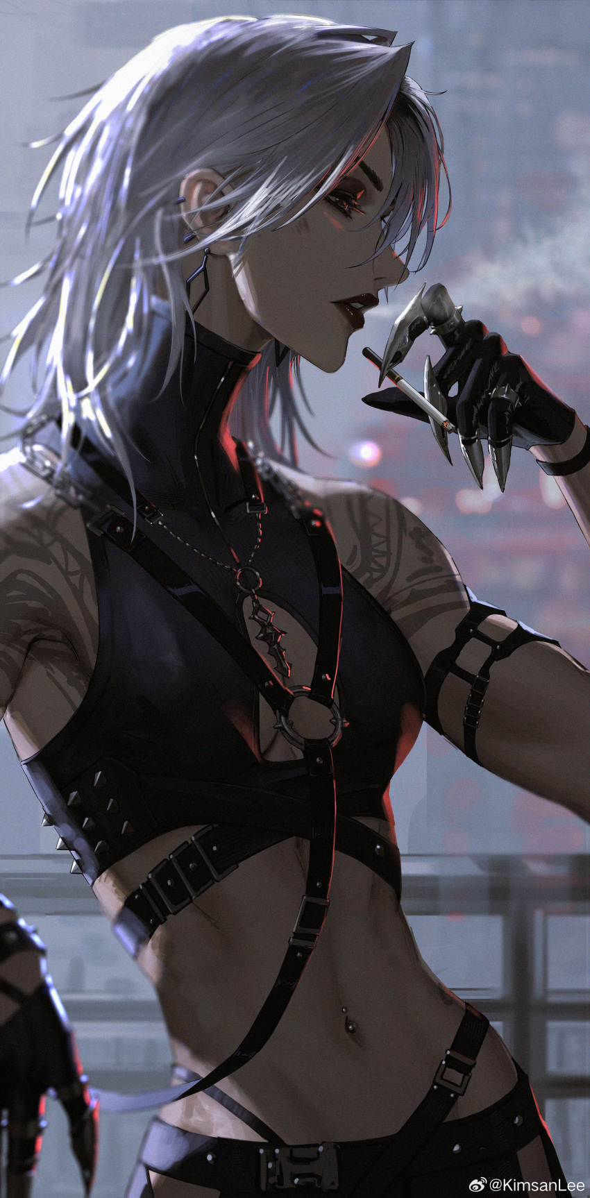 1girl, absurdres, artist_name, black_eyeshadow, black_gloves, black_lips, blurry, blurry_background